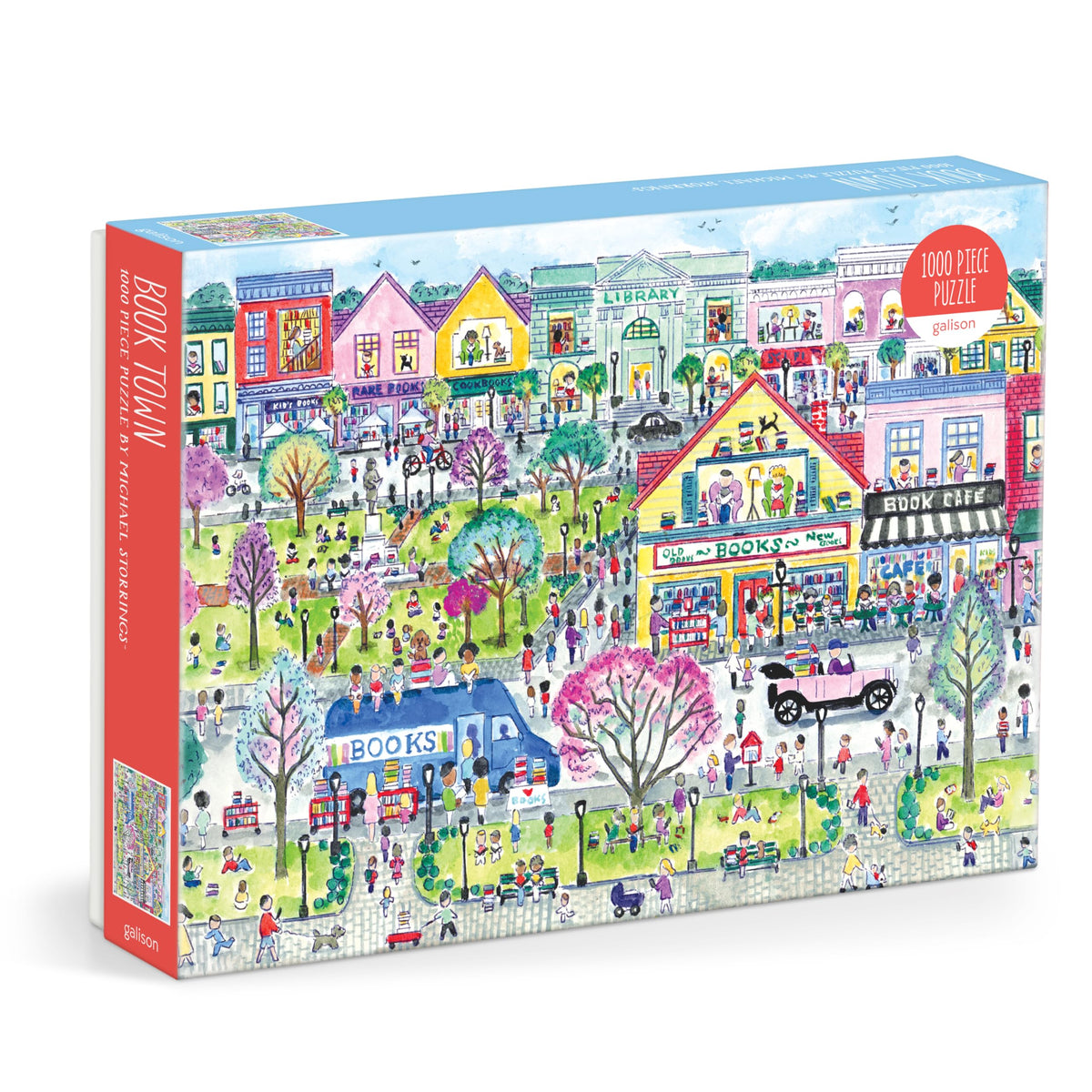 Galison Book Townscape puzzle showing cozy bookstores along a sunny street, inviting puzzling sessions