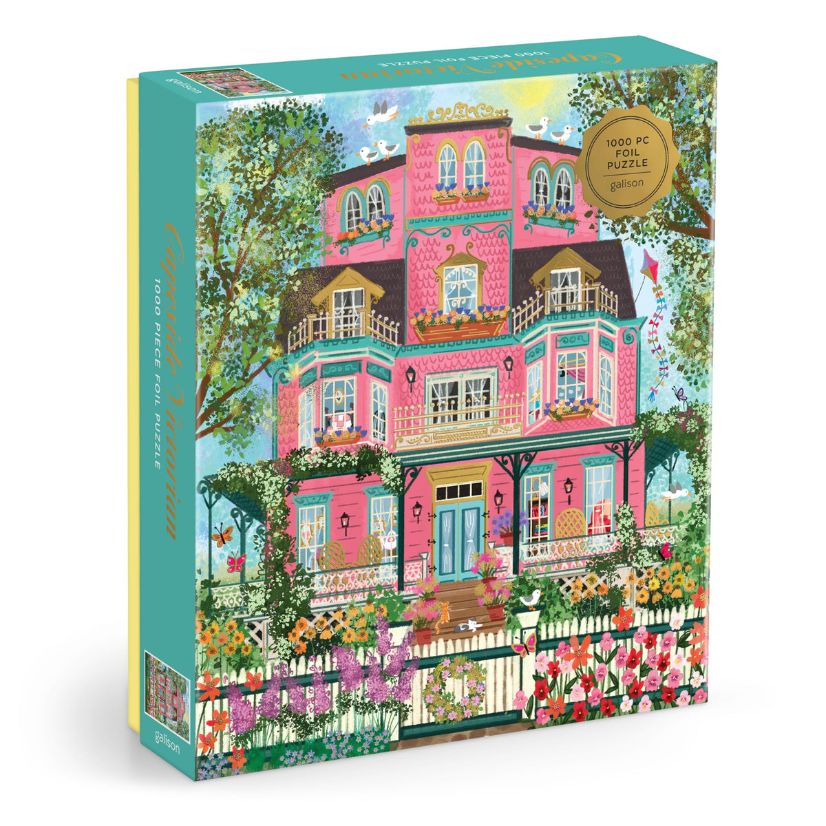 Galison Capeside Victorian foil puzzle reveals ornate manor and blooming garden, ideal for relaxing evenings.