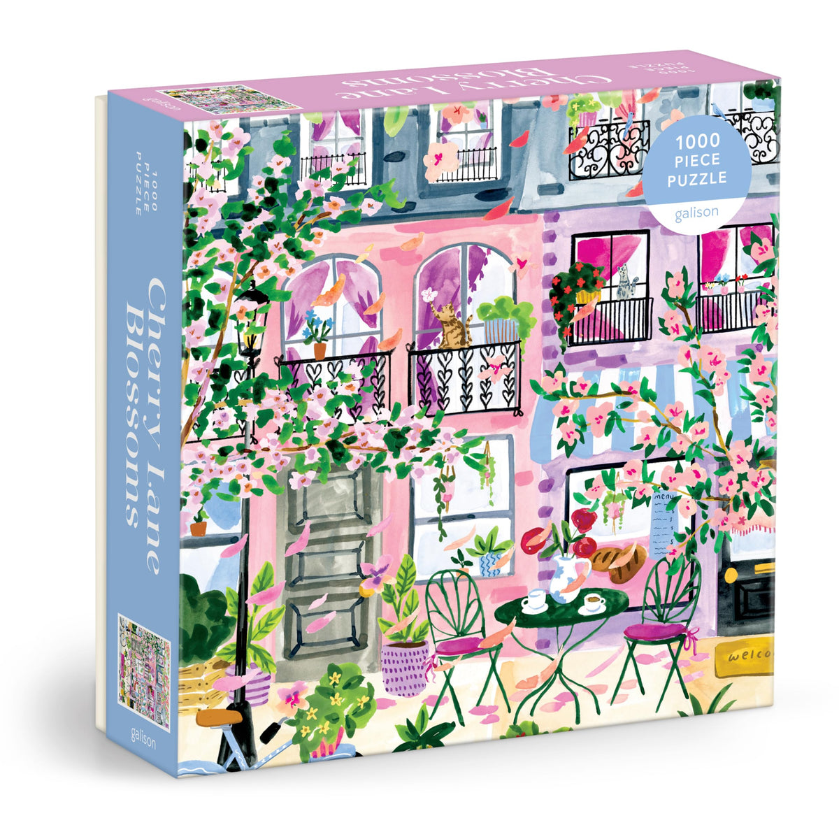 Galison Cherry Lane Blossoms puzzle cover features vibrant spring artwork for relaxing evenings.