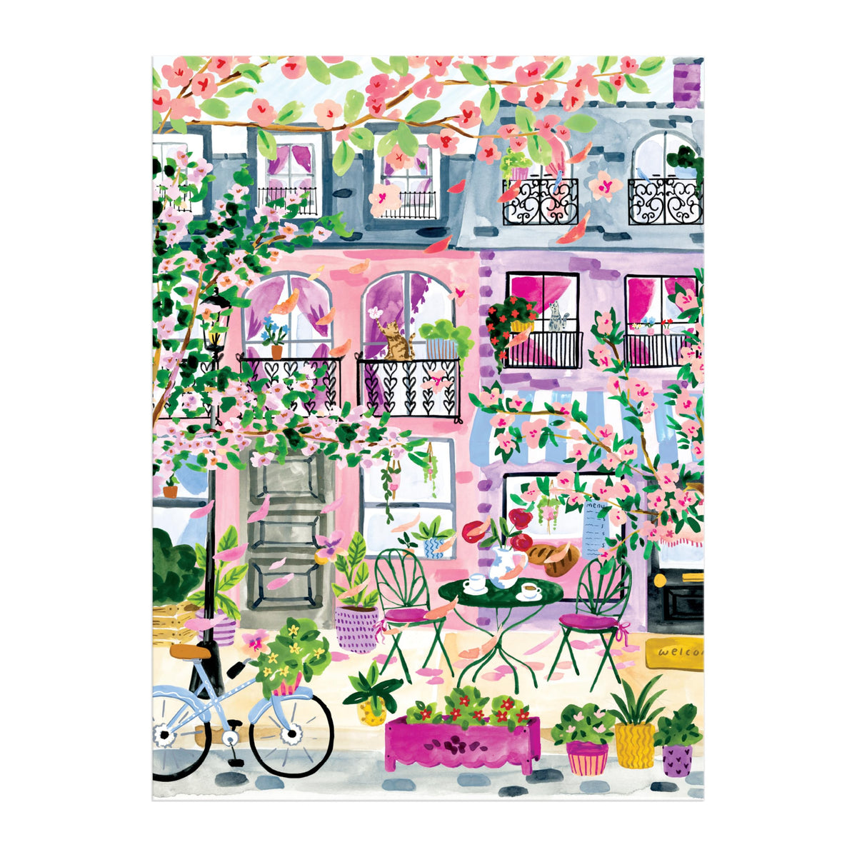 Galison Cherry Lane Blossoms finished assembly reveals a charming seasonal streetscape.