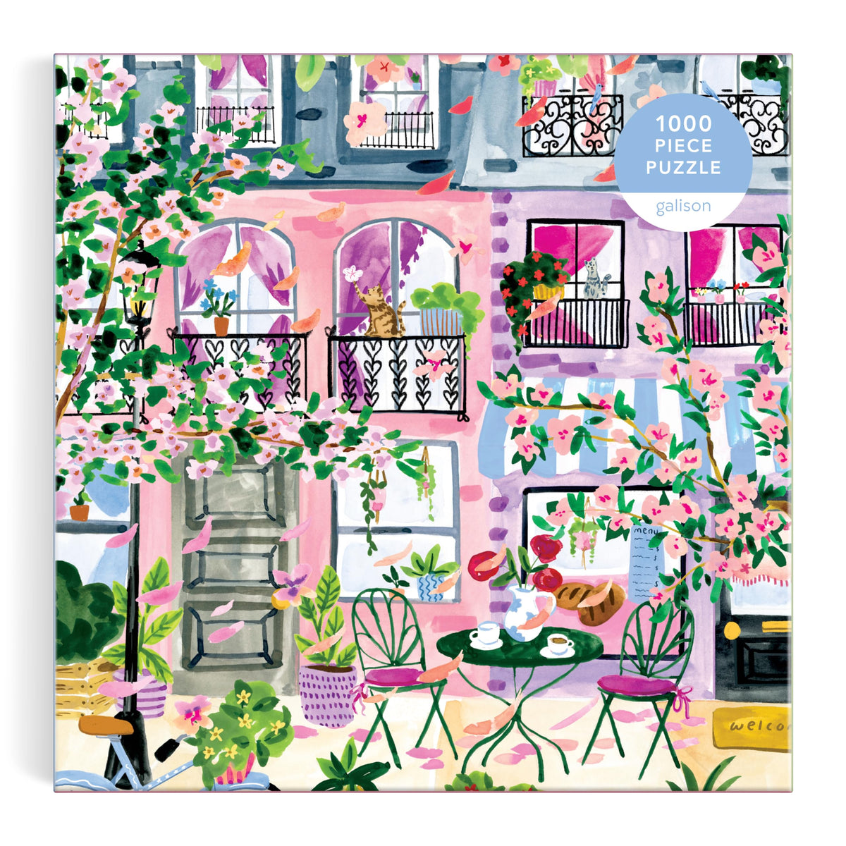 Galison Cherry Lane Blossoms puzzle houses under cherry blossoms invites mindful focus during assembly.