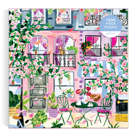 Galison Cherry Lane Blossoms puzzle houses under cherry blossoms invites mindful focus during assembly.
