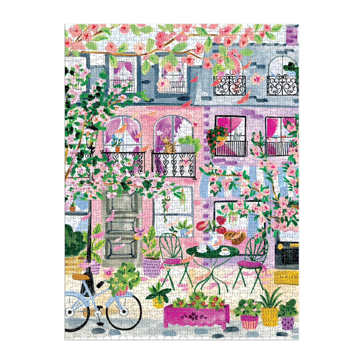 Galison Cherry Lane Blossoms street scene brings a serene spring mood to your puzzle session.