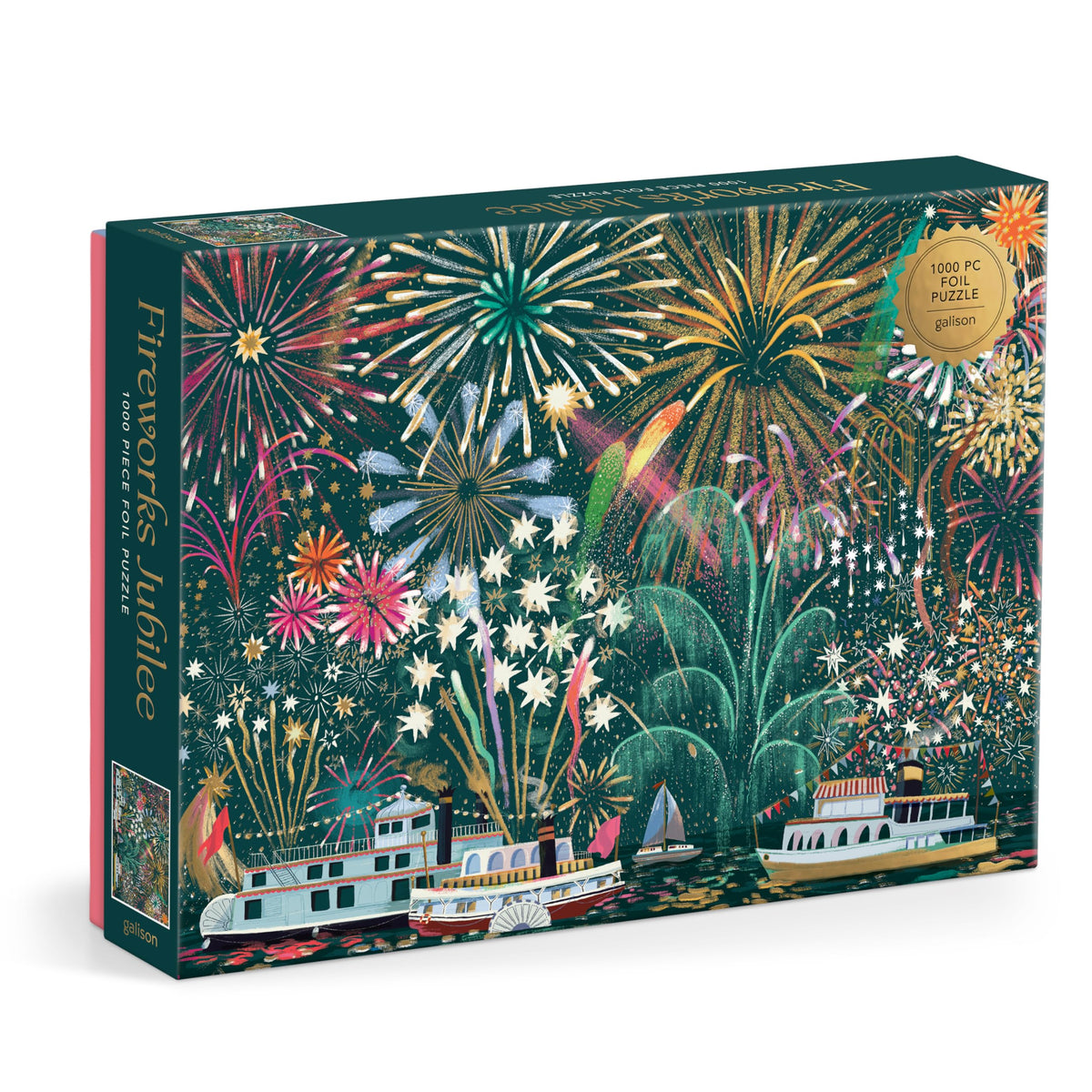 Galison Fireworks Jubilee 1000-piece foil puzzle with sparkling pieces for a vibrant challenge.