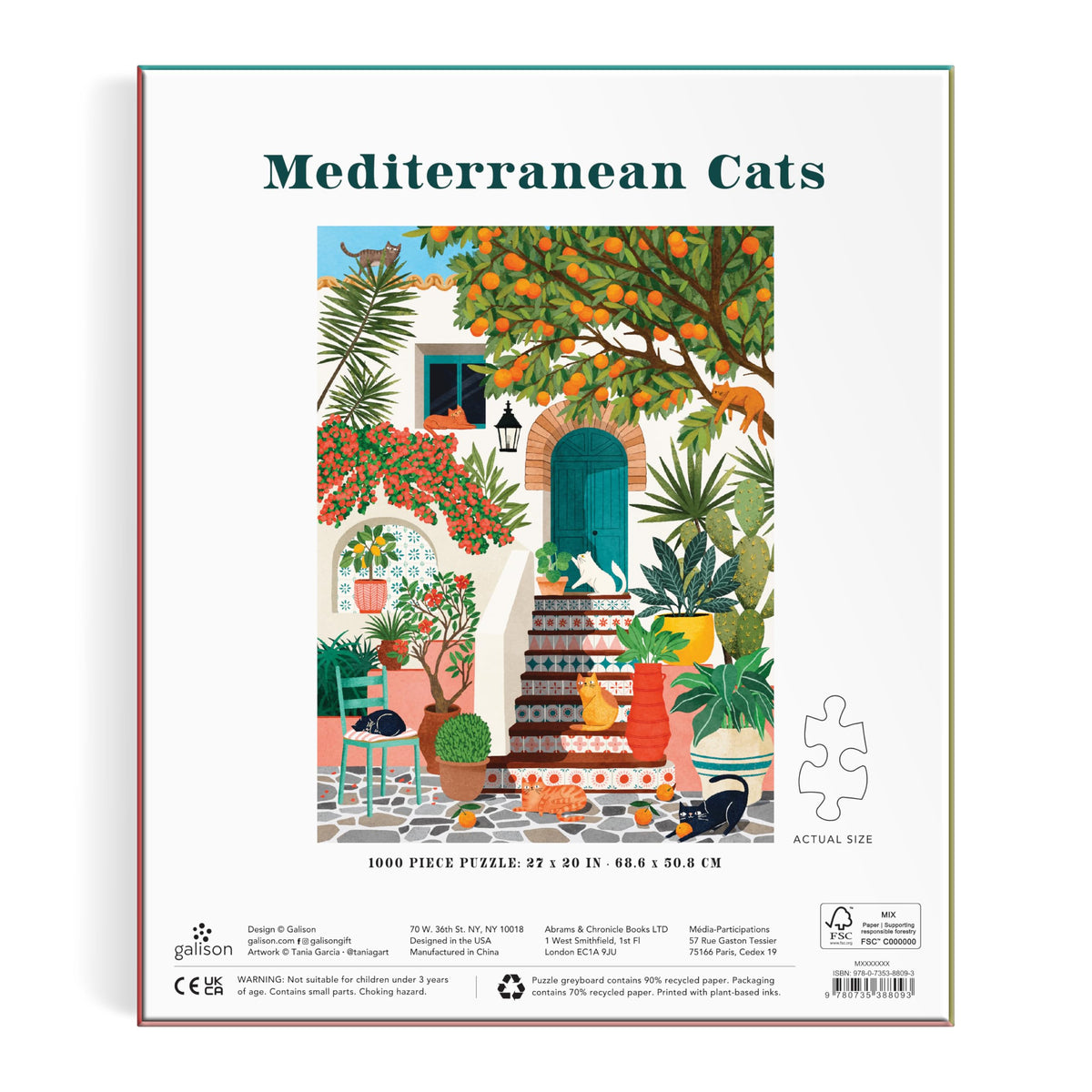 Galison Mediterranean Cats cozy cats on stoop: inviting scene for mindful, relaxing puzzle time.