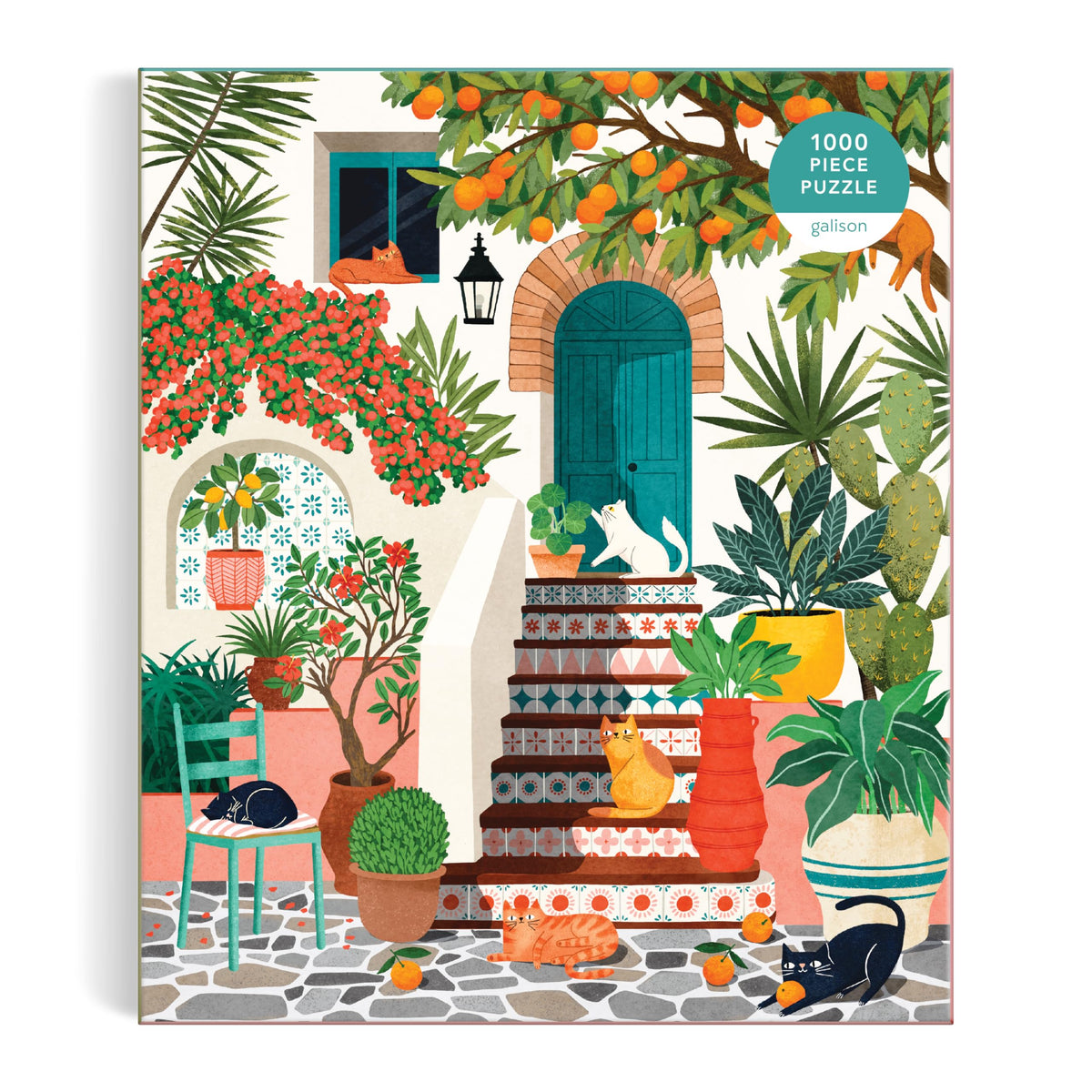 Galison Mediterranean Cats oranges: sun-kissed fruit accents brighten the image and spark joyful puzzling.