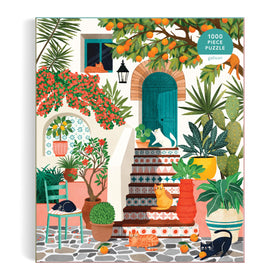Galison Mediterranean Cats oranges: sun-kissed fruit accents brighten the image and spark joyful puzzling.