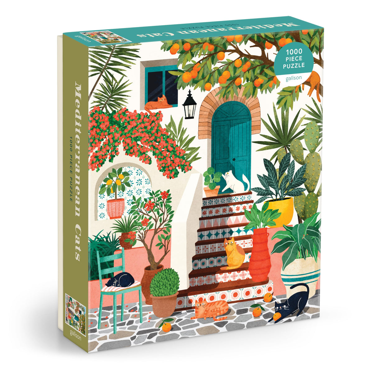 Galison Mediterranean Cats stoop scene: cozy cats on a sunlit stoop for relaxing puzzle time.