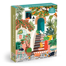 Galison Mediterranean Cats stoop scene: cozy cats on a sunlit stoop for relaxing puzzle time.