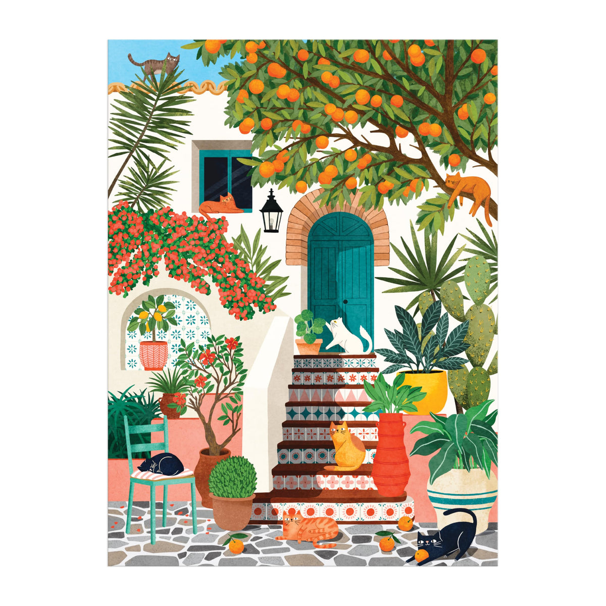 Galison Mediterranean Cats scene with village view: bright colors inspire creativity while you piece.