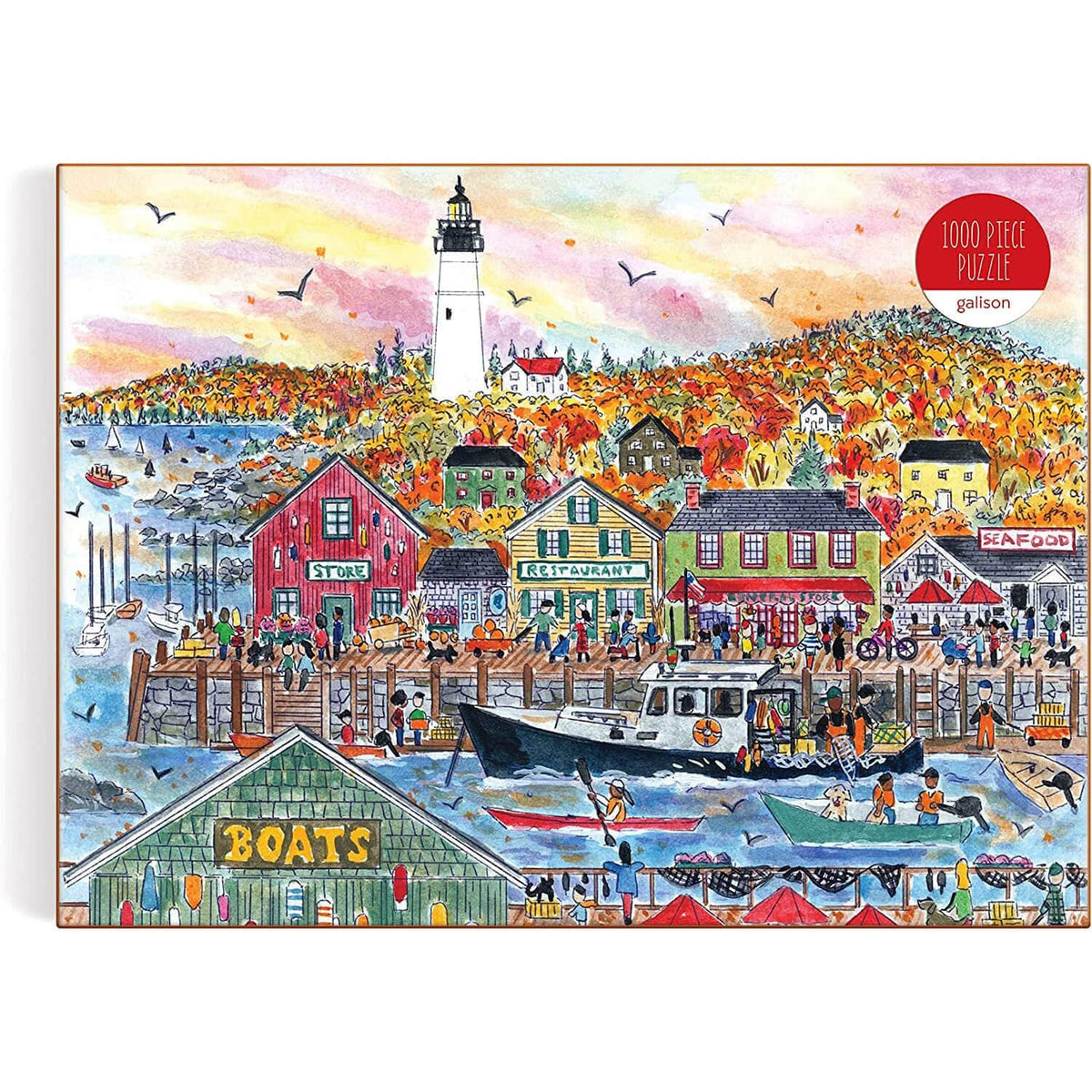 Galison Michael Storrings Autumn by the Sea puzzle box, display-ready storage.