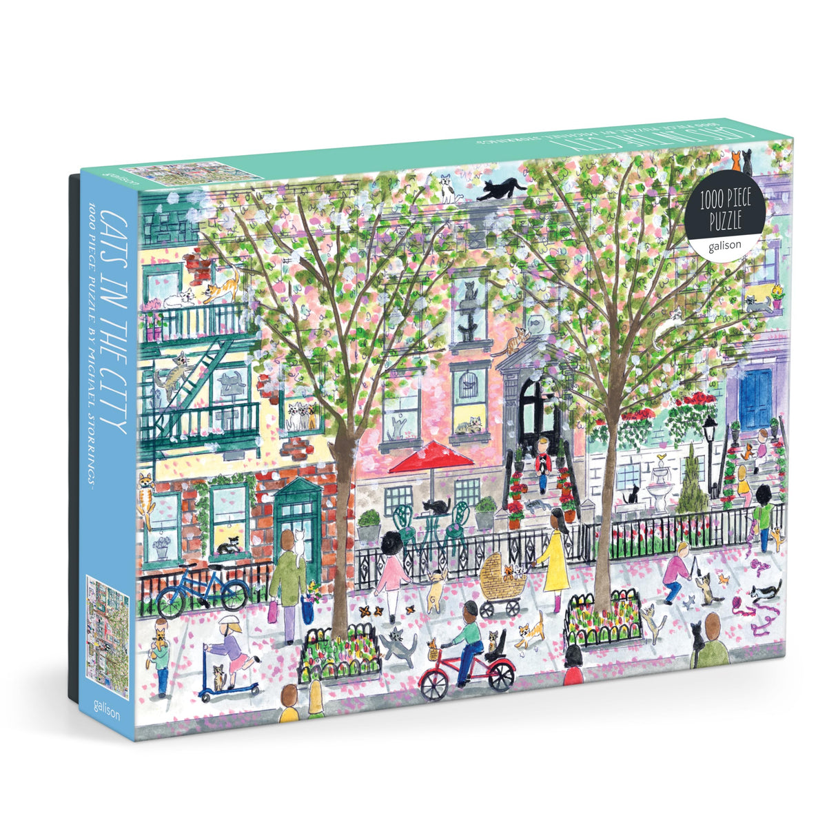 Galison Michael Storrings Cats in the City puzzle shows a city garden scene for relaxed evenings.