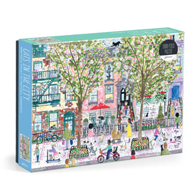 Galison Michael Storrings Cats in the City puzzle shows a city garden scene for relaxed evenings.