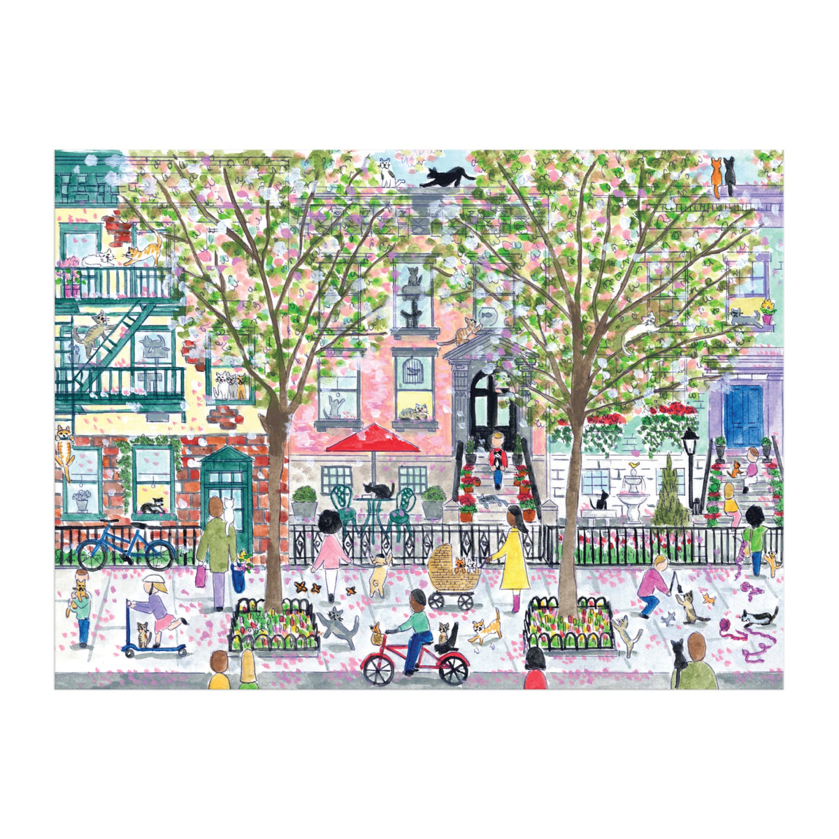 Galison Michael Storrings Cats in the City puzzle features playful cats on a busy street.