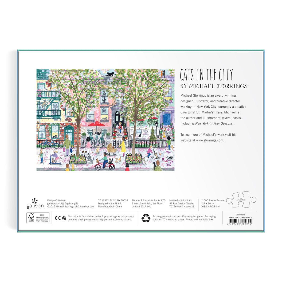 Galison Michael Storrings Cats in the City puzzle captures a detailed cityscape view.