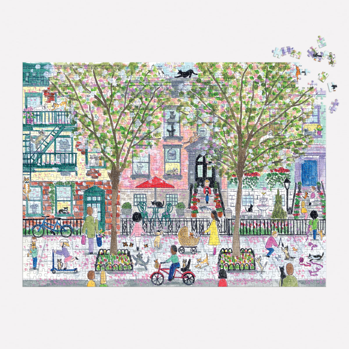 Galison Michael Storrings Cats in the City puzzle provides pieces with a closeup of illustrations.