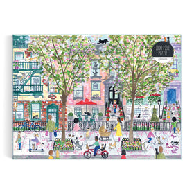 Galison Michael Storrings Cats in the City puzzle displays a cat-friendly garden urban scene.
