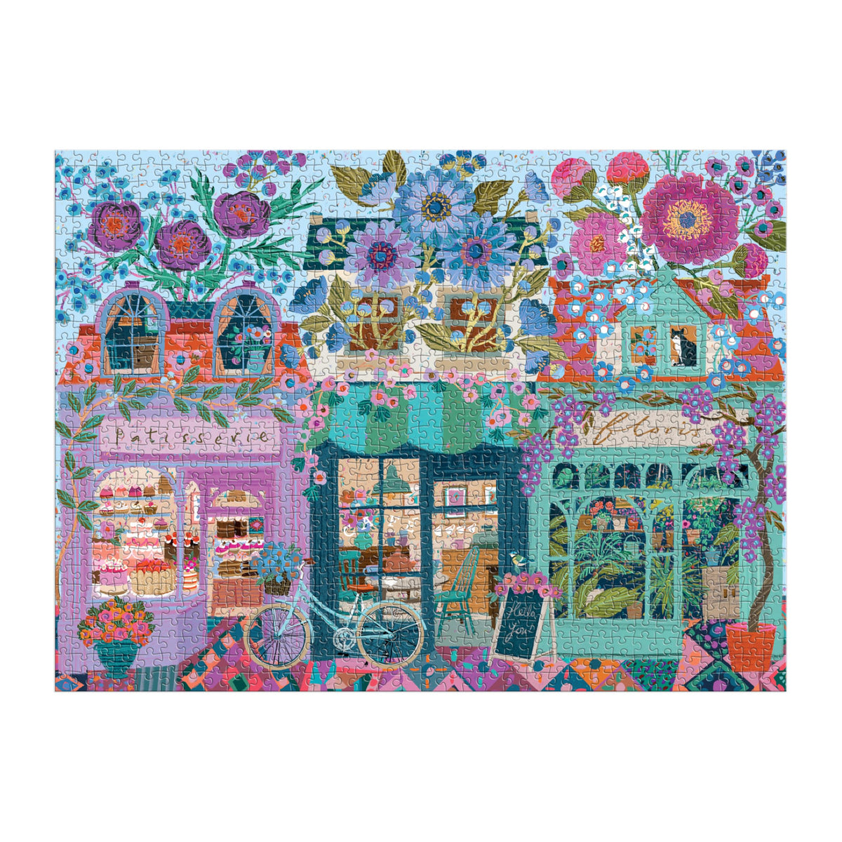 Galison Open for Blossoms puzzle pastry display twinkling in shop windows, engaging for art lovers.