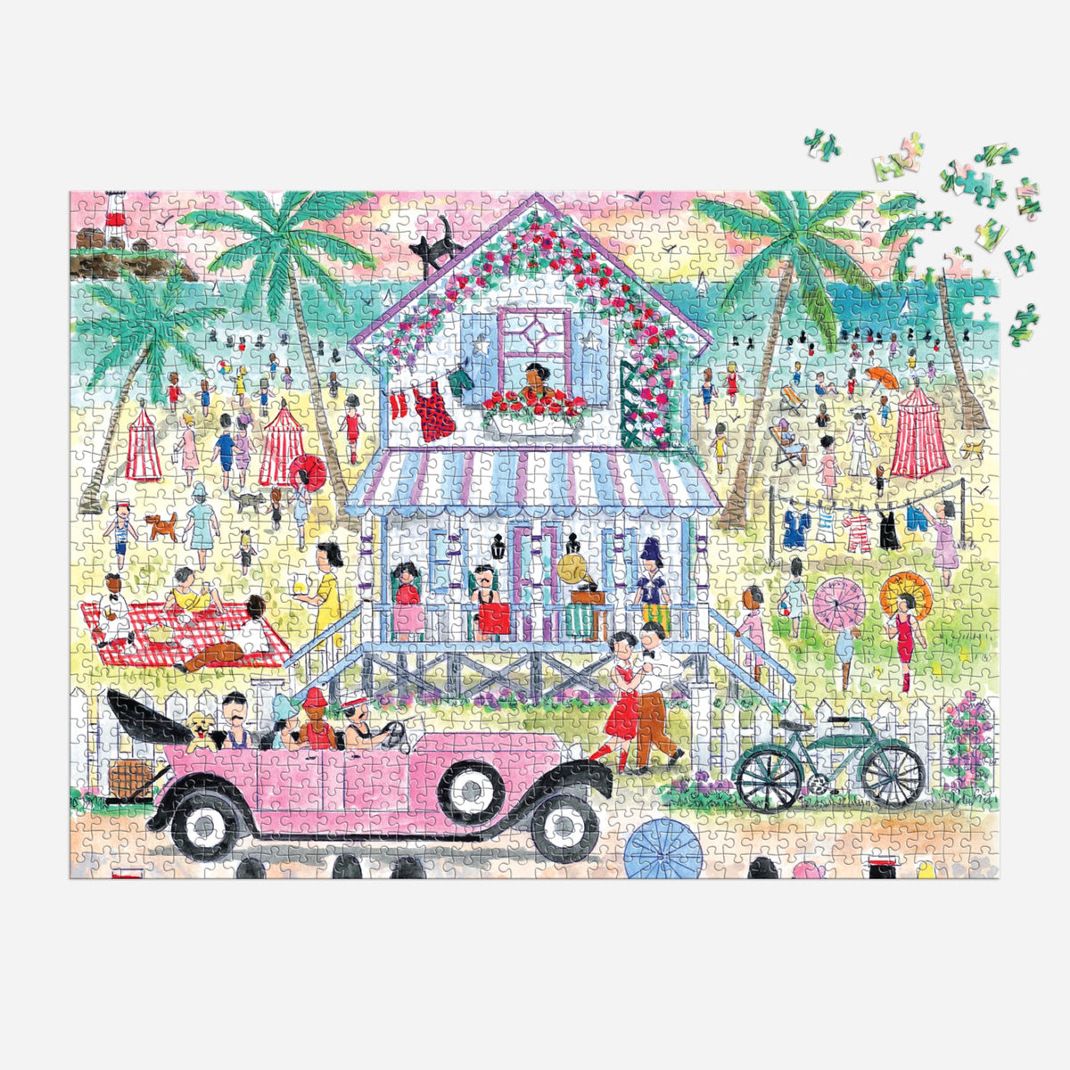 Galison Roaring 20s Beach House puzzle image of pastel beach cottages as nostalgic backdrop