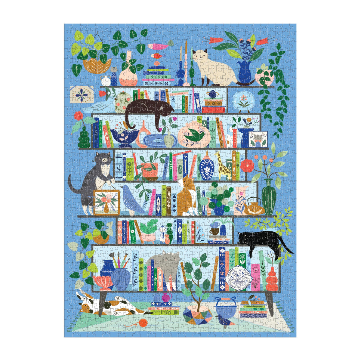 Galison Purrfect Nook detail: bookshelf with cats, ideal for relaxing evenings and mindful puzzling