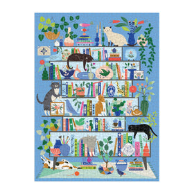 Galison Purrfect Nook detail: bookshelf with cats, ideal for relaxing evenings and mindful puzzling