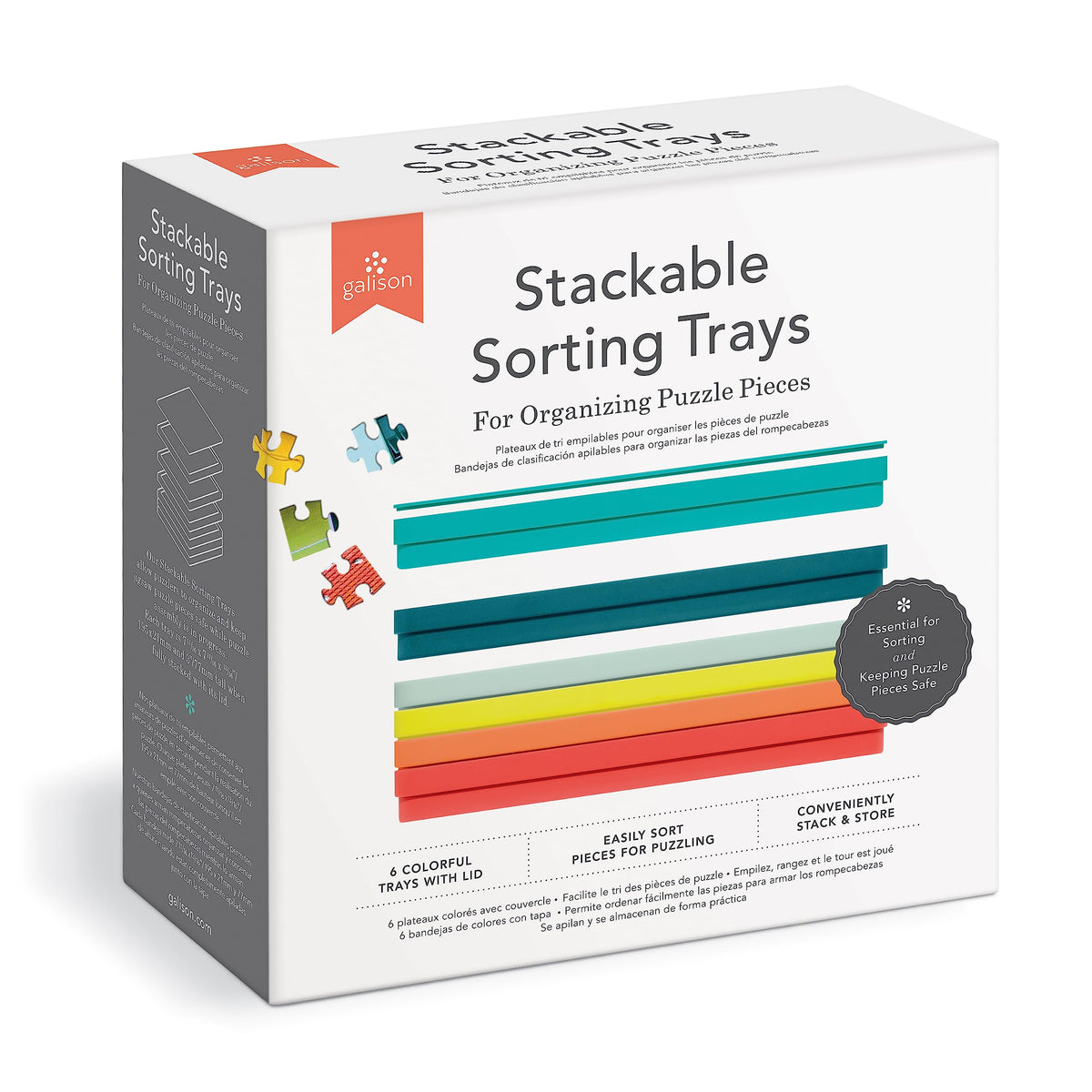 Galison puzzle sorting tray set with six colorful trays for easy piece sorting.