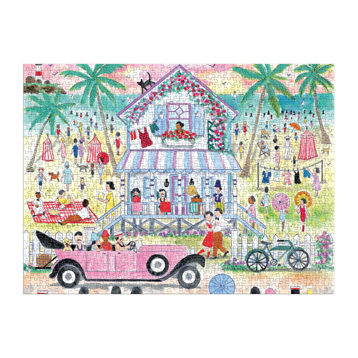 Galison Roaring 20s Beach House puzzle scene with striped cabanas for cozy evenings