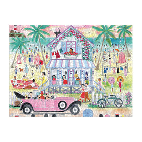Galison Roaring 20s Beach House puzzle scene with striped cabanas for cozy evenings