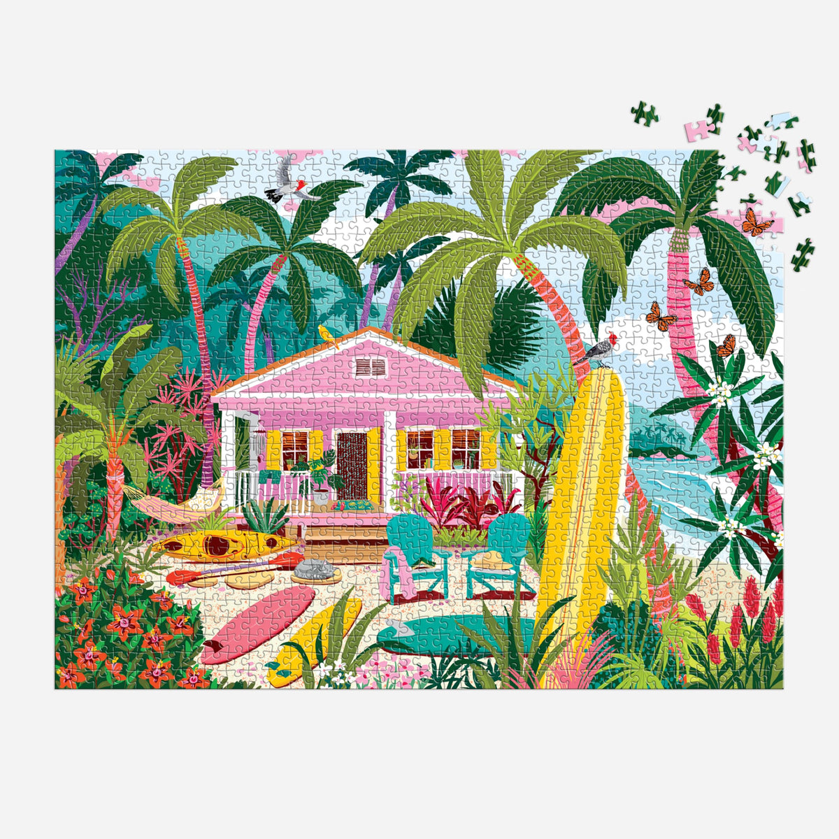 Galison Surfside Bungalow beach scene captures soft sand and azure water for coastal ambiance.