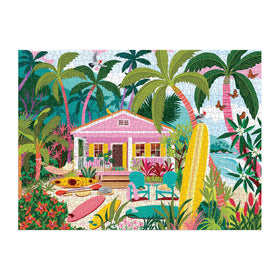 Galison Surfside Bungalow palm trees emphasize a tropical escape for family puzzling.