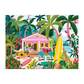 Galison Surfside Bungalow puzzle box highlights durable packaging and 1000-piece challenge.