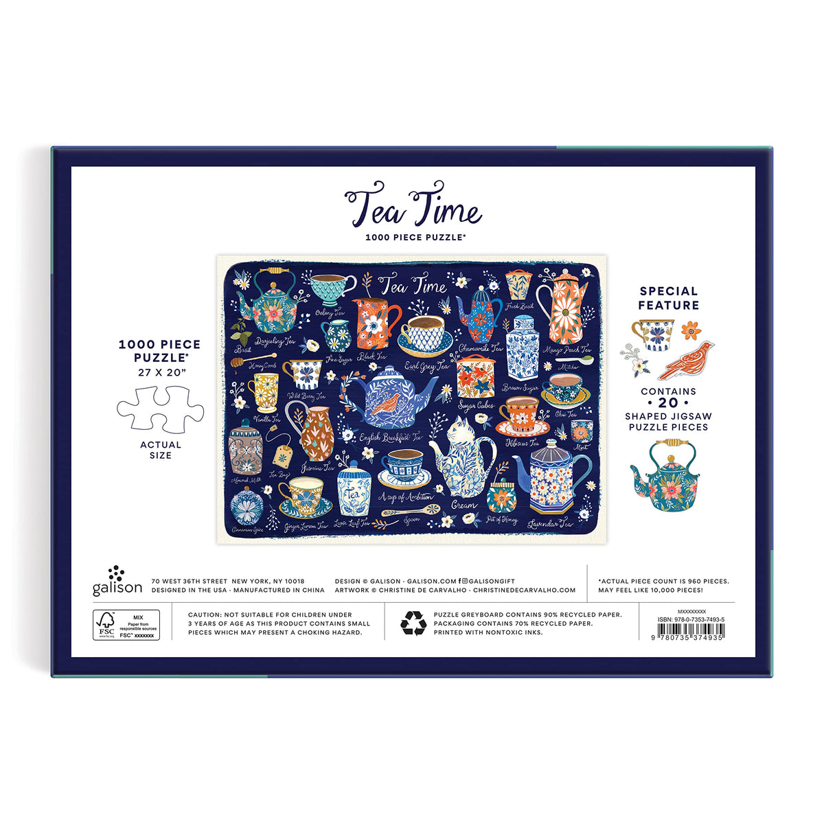 Galison Tea Time puzzle showing twenty uniquely shaped pieces for added challenge