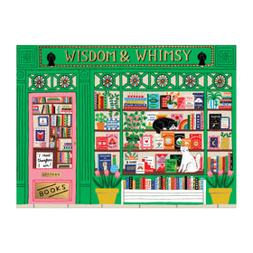 Galison Wisdom & Whimsy Bookshop completed puzzle ready for display