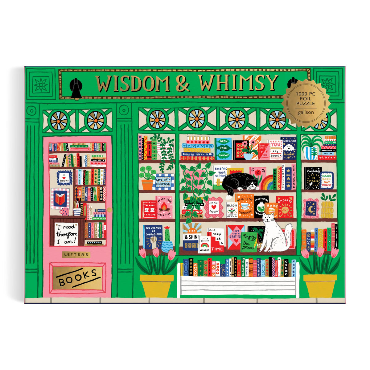 Galison Wisdom & Whimsy Bookshop foil details on windows and signage