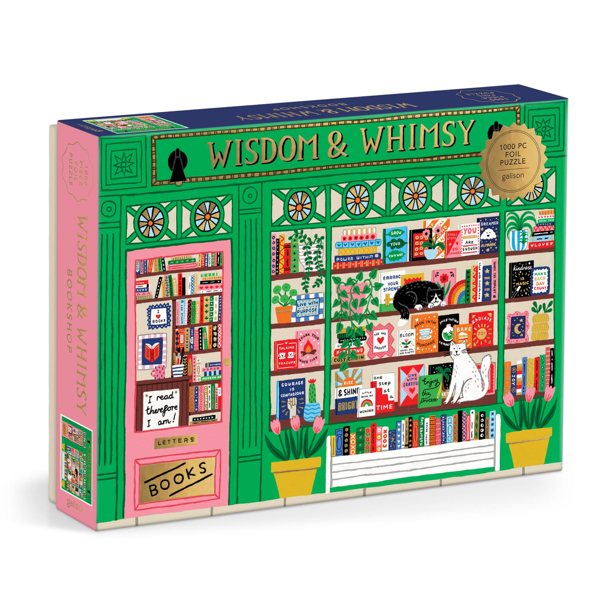 Galison Wisdom & Whimsy Bookshop puzzle front view with foil accents