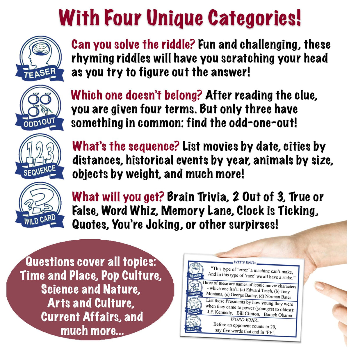 Wit's End sequence card guides ordering challenges across varied topics.