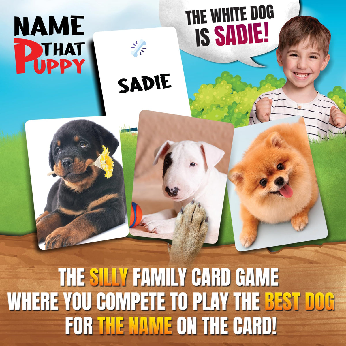 Name That Puppy by Game That Song, kid-friendly dog trivia cards for learning and play