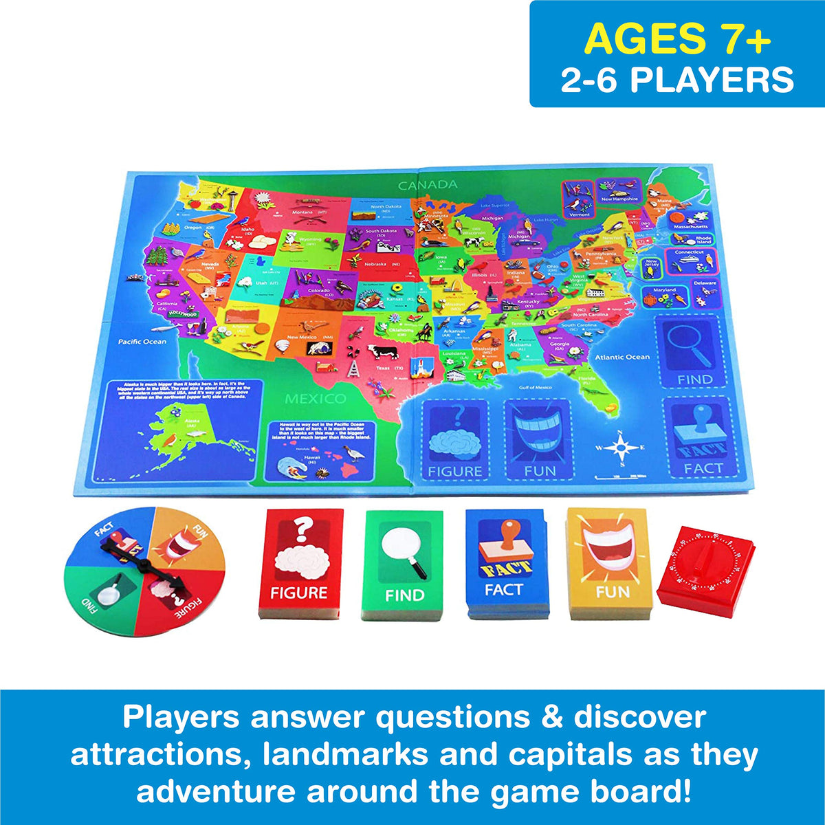 Game Zone Great States fact cards reveal capitals, birds, and landmarks for learning.