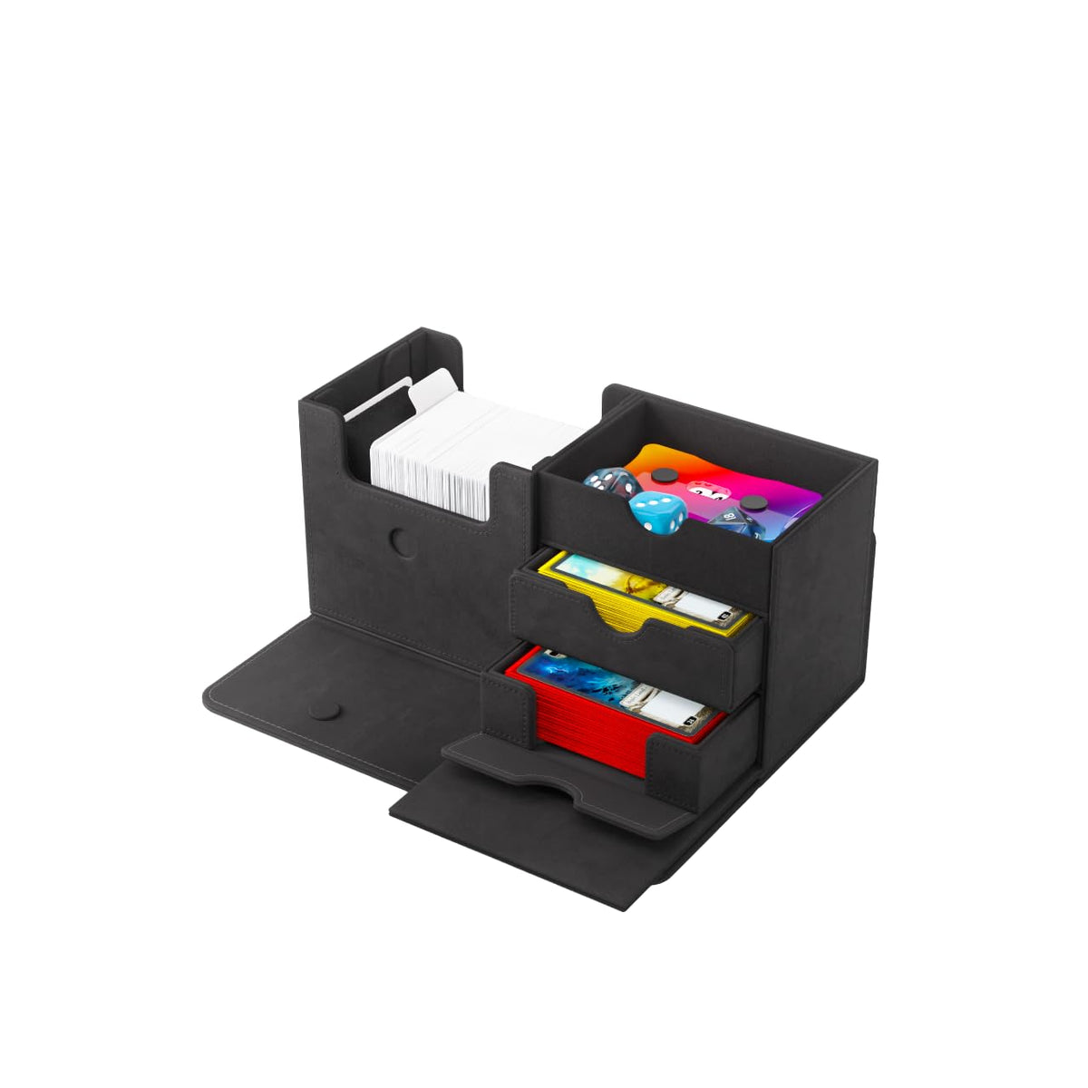 Gamegenic The Academic 133+ XL deck box removable cover clip saves table space.