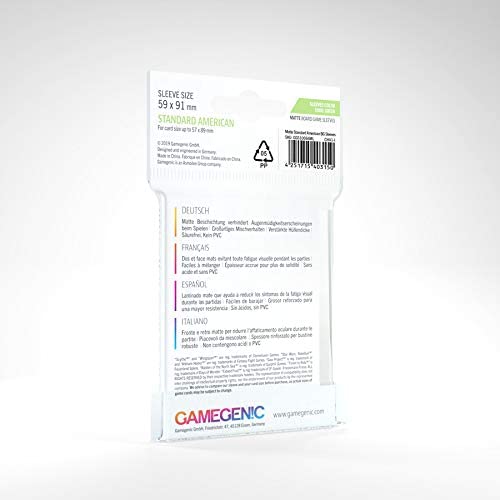Gamegenic matte sleeves 57 x 89 mm size info; acid-free PVC-free for safe storage.