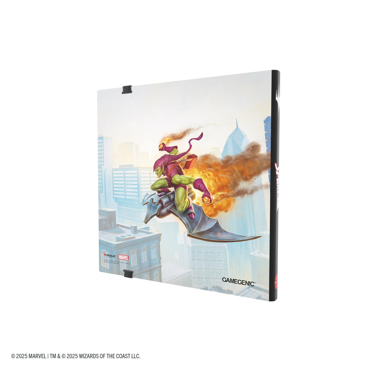 Gamegenic Spider-Man album side-loading pages shown, prevents slips during transport.