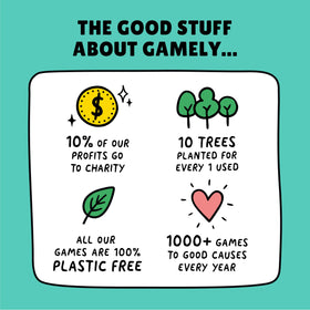 Gamely Gullible charity and eco-commitment highlighted inside the box.