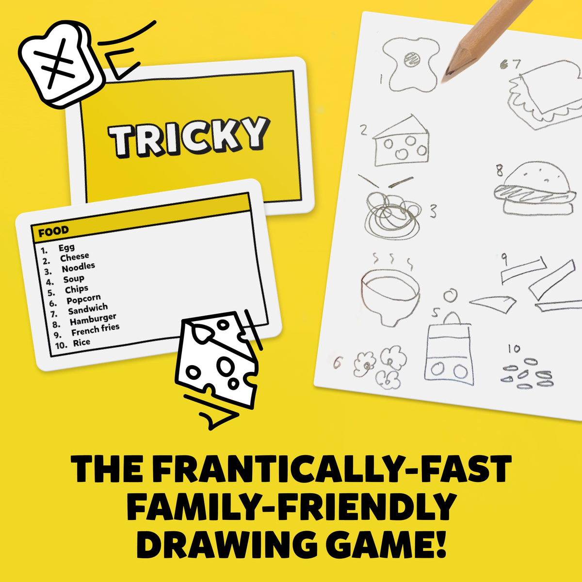 Gamely Six Second Scribbles category cards and pencils layout