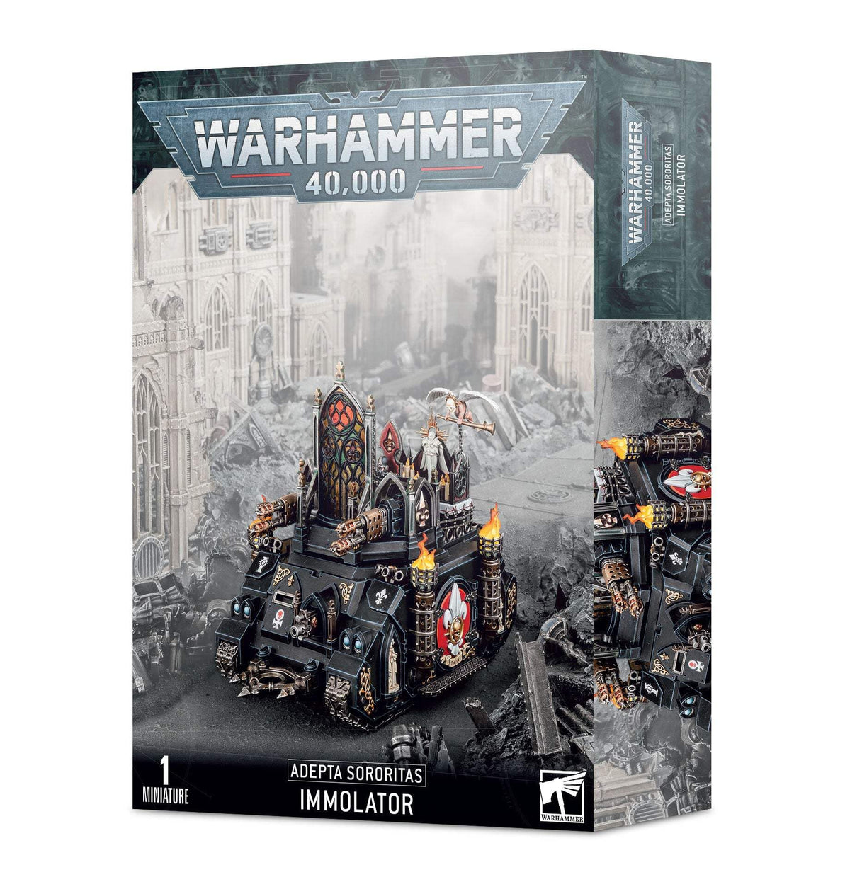 Games Workshop Adepta Sororitas Immolator front view, dramatic tabletop centerpiece for crusade battles.