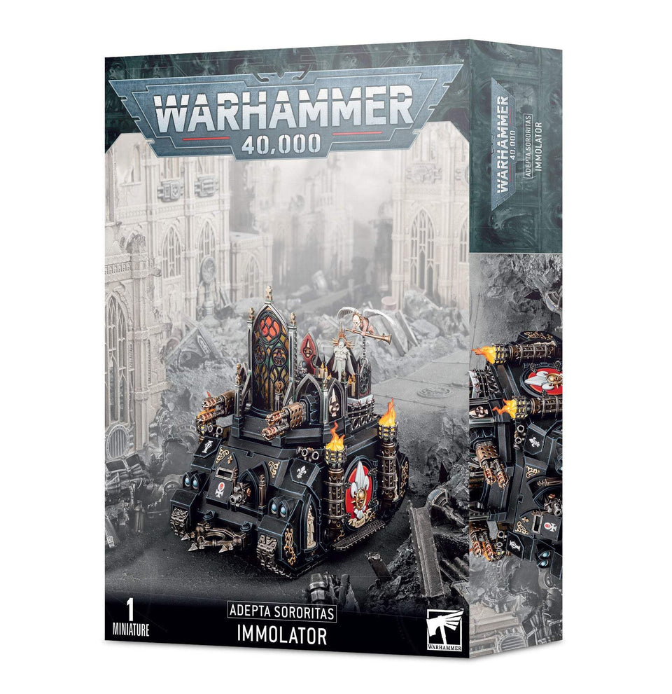 Games Workshop Adepta Sororitas Immolator front view, dramatic tabletop centerpiece for crusade battles.