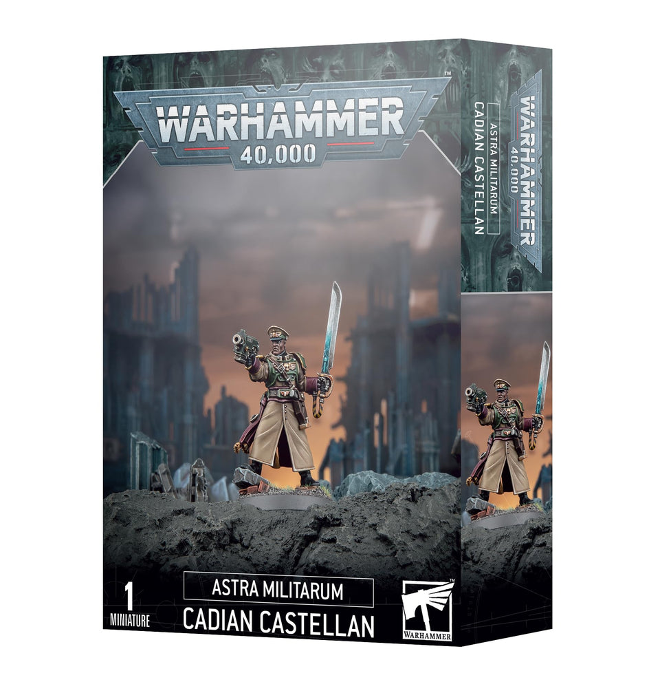 Games Workshop Cadian Castellan front view miniature for commanding Astra Militarum battles.