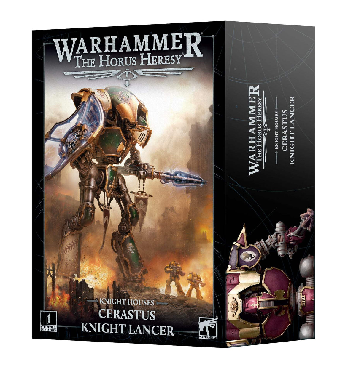 Games Workshop Cerastus Knight Lancer model in dynamic melee pose with ion shield and shock lance.