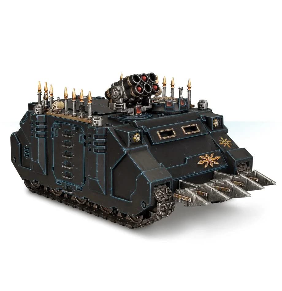 Games Workshop Chaos Rhino front view highlighting armored hull and presence