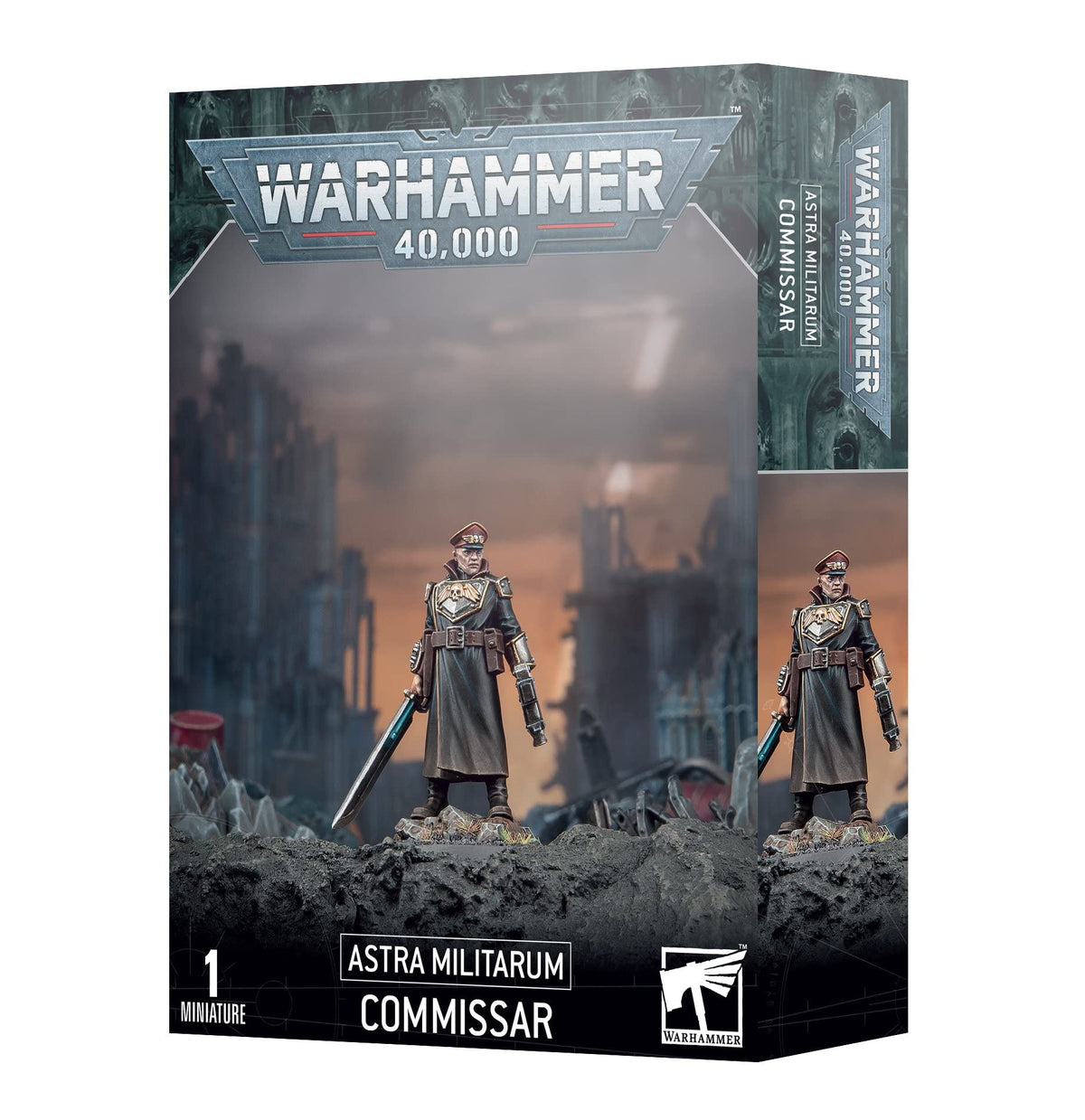 Games Workshop Commissar close-up with bolt pistol for commanding Warhammer 40k battles.