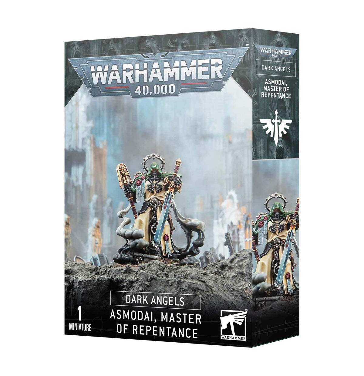 Games Workshop Dark Angels Asmodai Master of Repentance full figure for display.